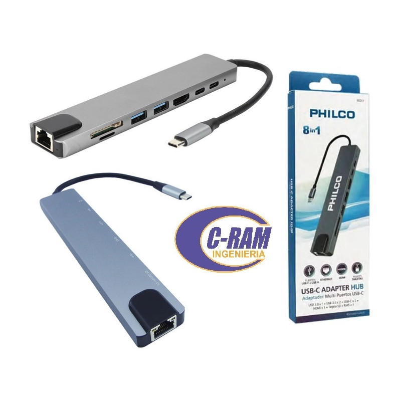 Adaptador Hub USB-C a 8 en 1 Cable 15cm  Philco
