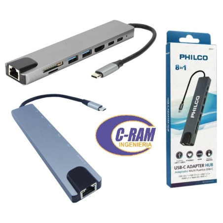 Adaptador Hub USB-C a 8 en 1 Cable 15cm  Philco