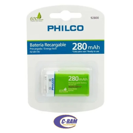 1 Pilas Recargable Precargada 9V 280mAh Philco