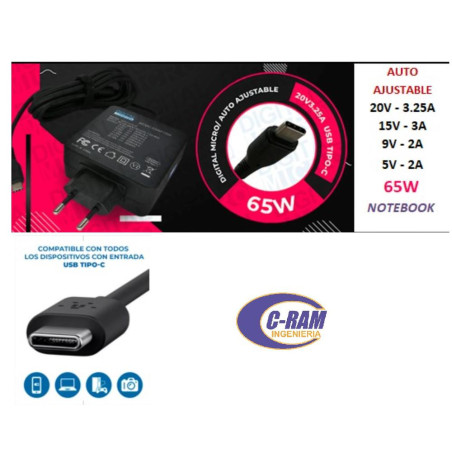 Cargador  Salida USB-C 20V-3 5A 65W Ajustable DM