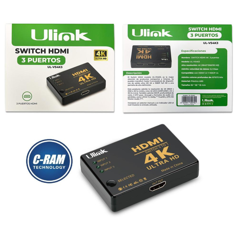 Switch Video HDMI 3In  1 Out 3x1 V1 2 1080P 4K 