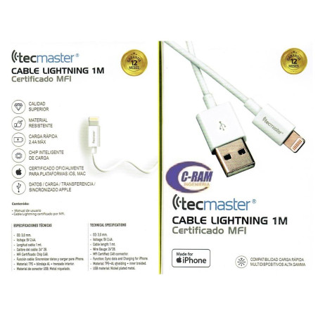 Cable Lightning para Iphone 7/8/9/X  1Mt Tecmaster