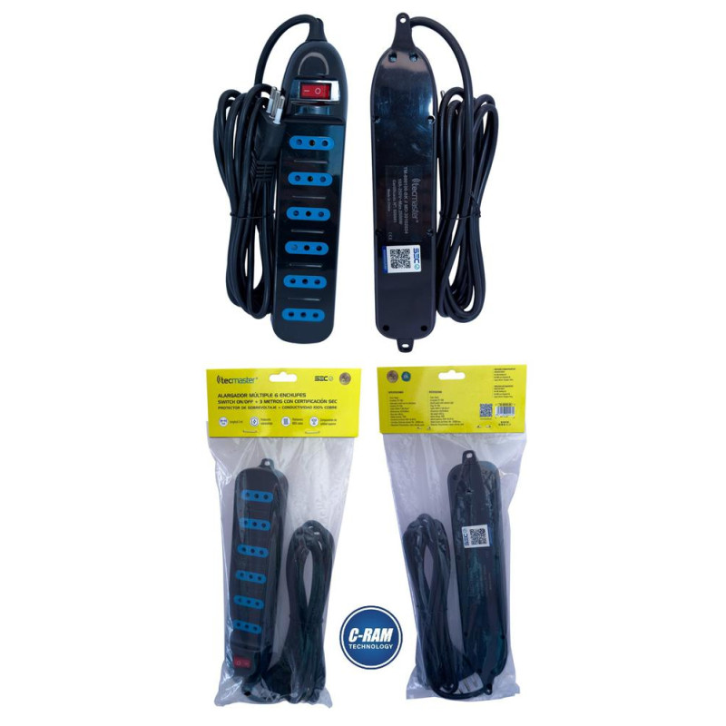 Alargador 6 Tomas 3Mts Switch On/Off Tecmaster