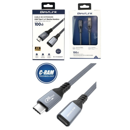 Cable Extensión USB-C 1 8Mts 100W 20GB 4K