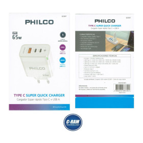 Cargador De Pared Dual 1USB-A 2USB-C 65W Philco