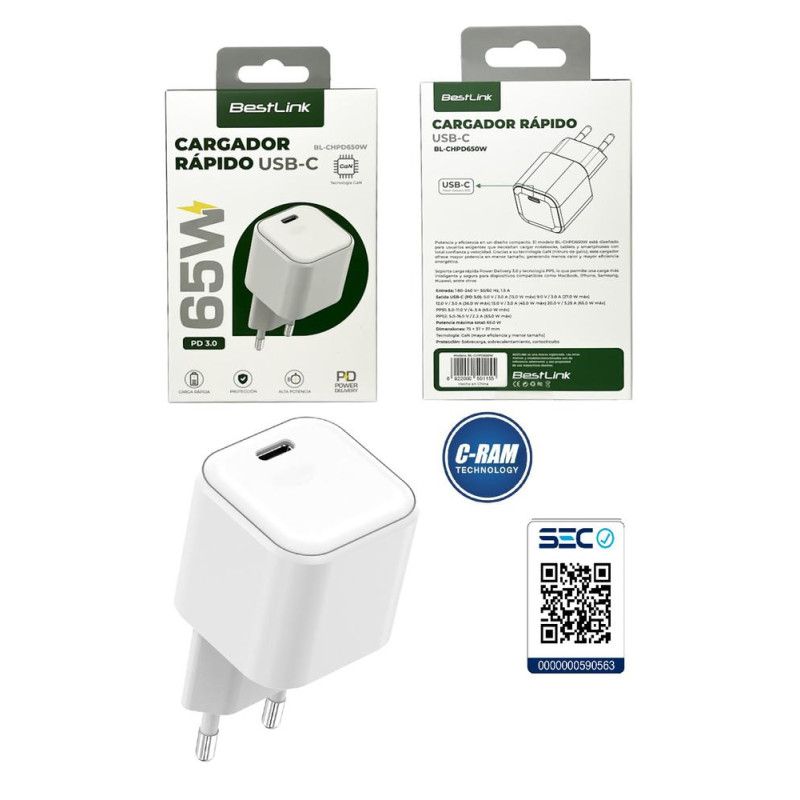 Cargador BestLink USB-C 65W GaN Power Delivery PD
