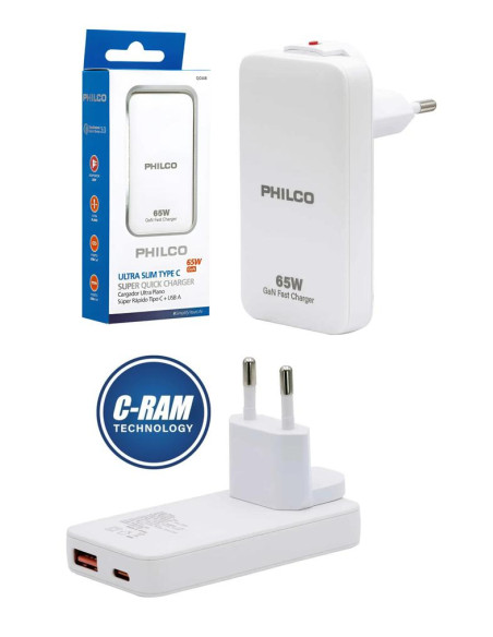 Cargador Pared 65W Dual Ultra Plano USB-A y USB C