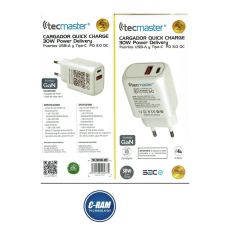 Cargador Rapido 2 Puertos USB-A  USB-C 30W PD 3 0