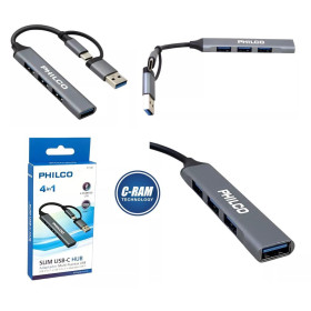Hub Philco Slim USB A-C a 4 Puertos USB 3 0/2 0